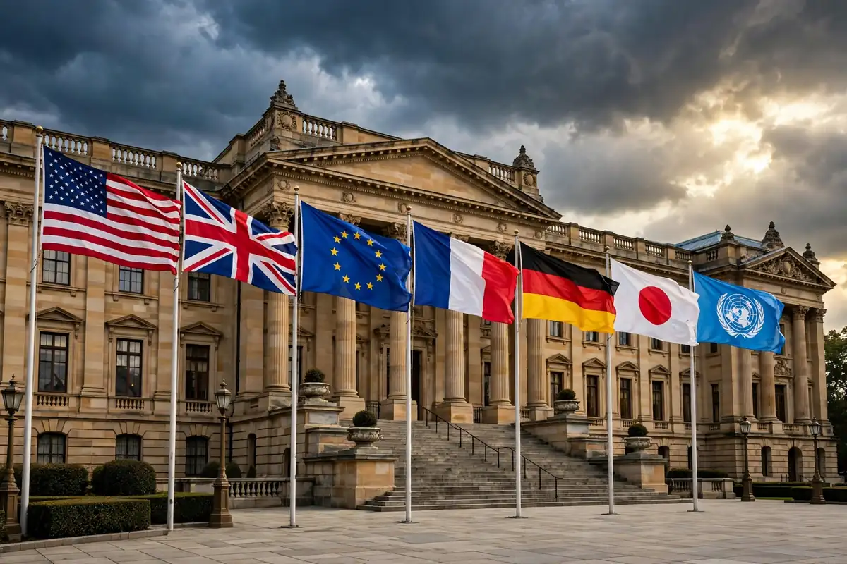 Persona non grata meaning - flags outside a government building