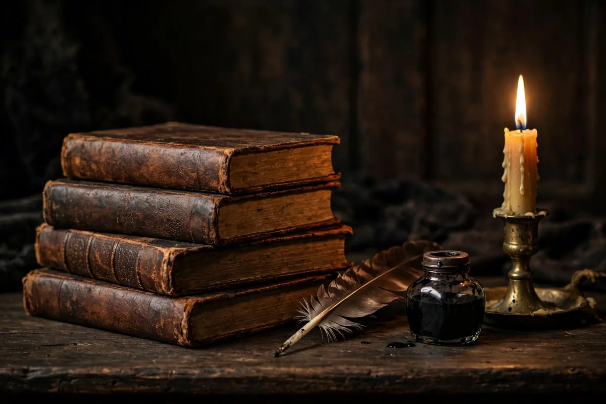 Pshaw meaning in literature - vintage books and quill on wooden desk with dramatic lighting