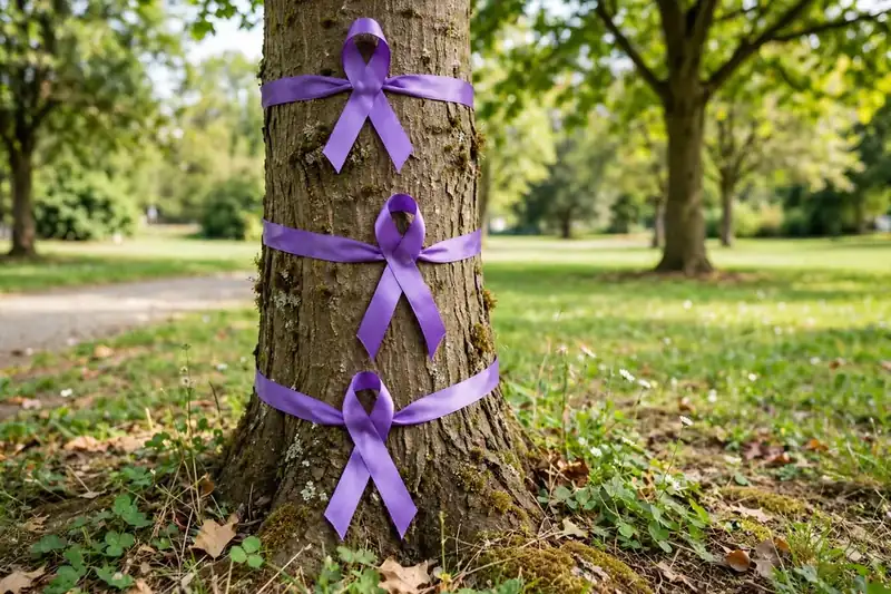 Purple ribbon meaning tree - purple ribbons tied around a tree