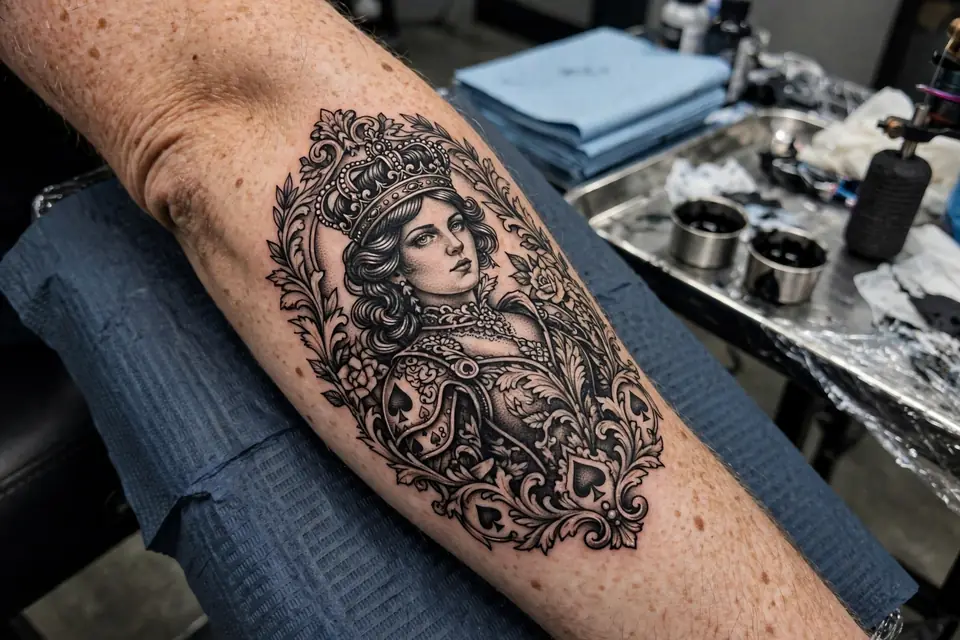Queen of spades meaning tattoo - playing card tattoo design on arm