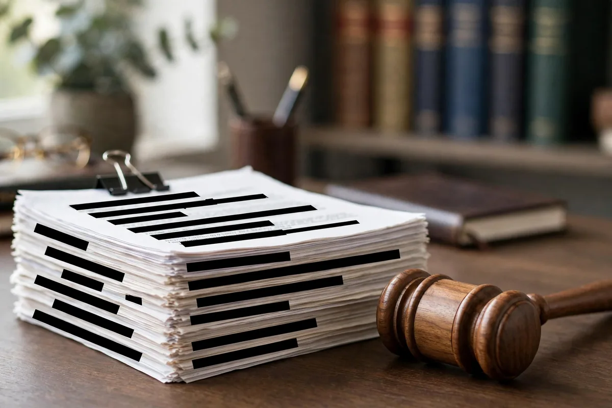 Redacted meaning in law - gavel beside legal documents with confidential sections blacked out