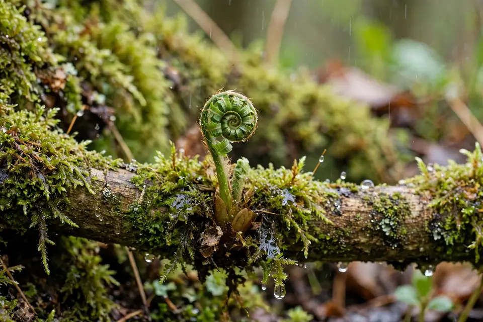 Resurrection meaning - a small green fern unfurling after rain on a mossy tree branch
