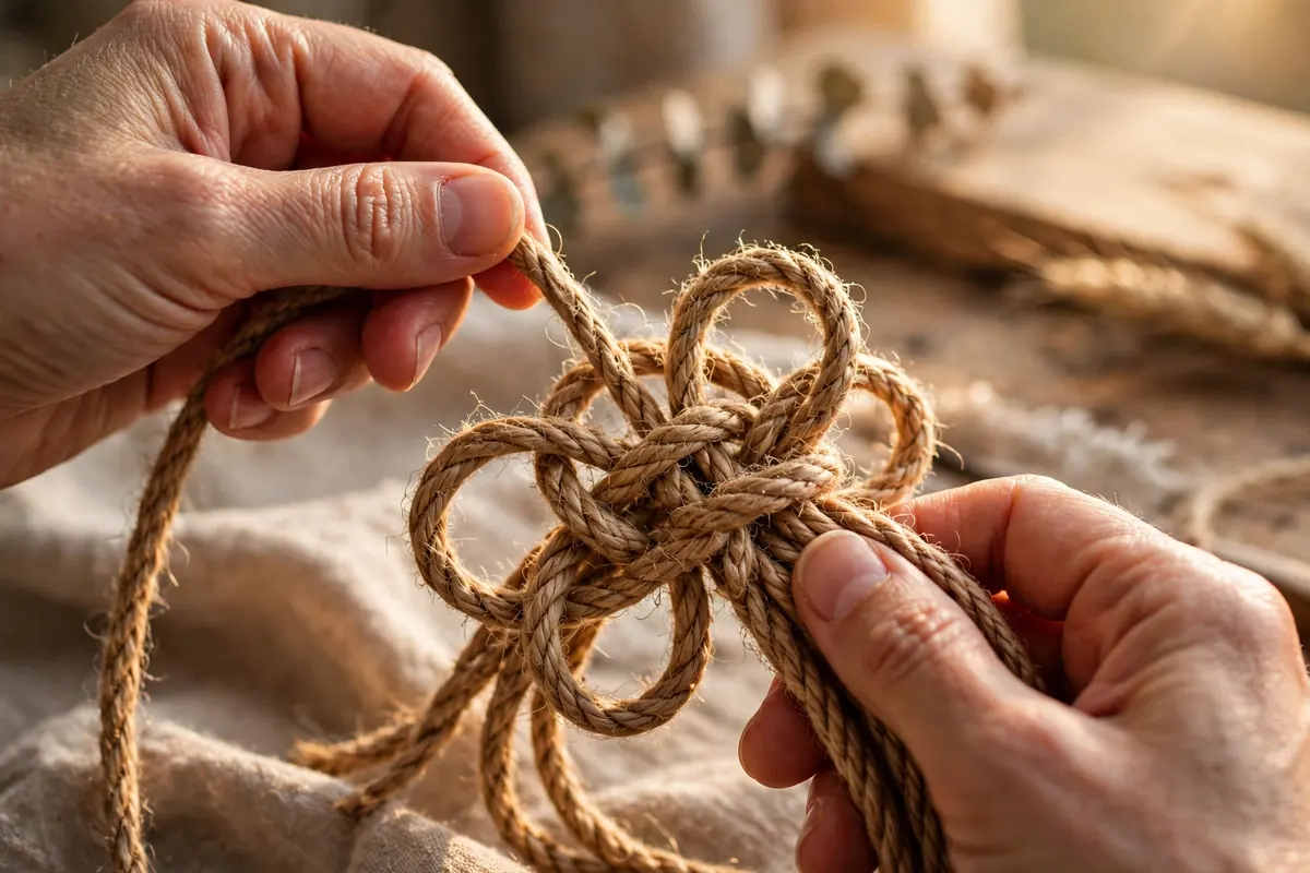 Shibari meaning rope - hands working with jute rope