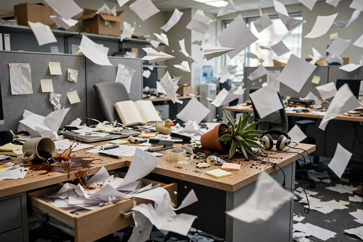 Snafu meaning - chaotic office with papers flying
