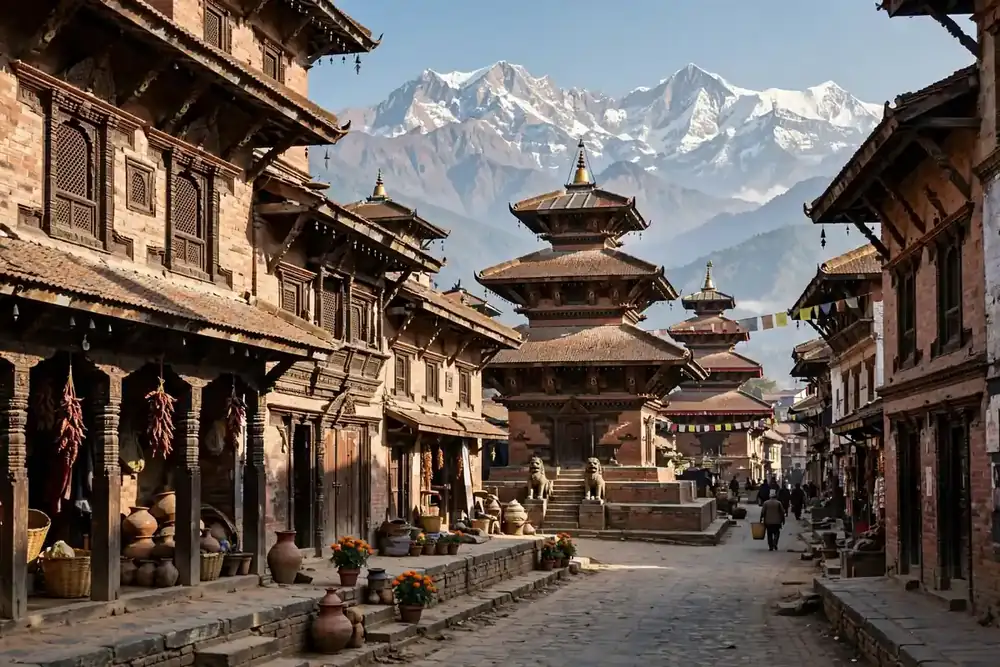 Solti meaning Nepal - traditional Nepali town with Himalayan backdrop
