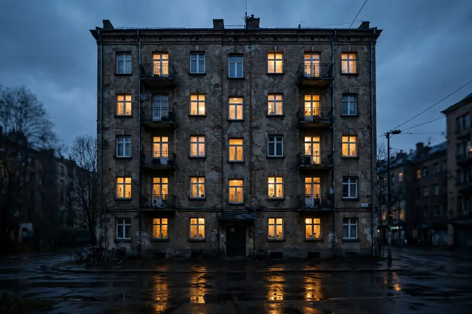 Sonder meaning window - lighted windows at dusk in apartment building