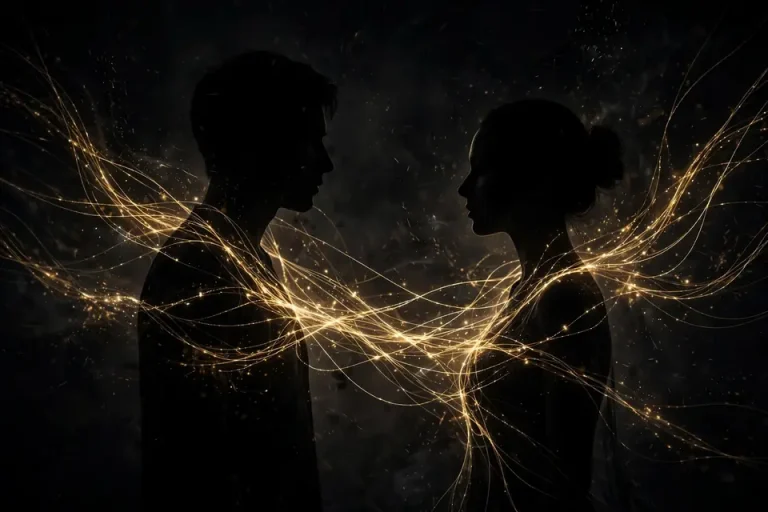 Soul ties meaning - two silhouettes connected by light