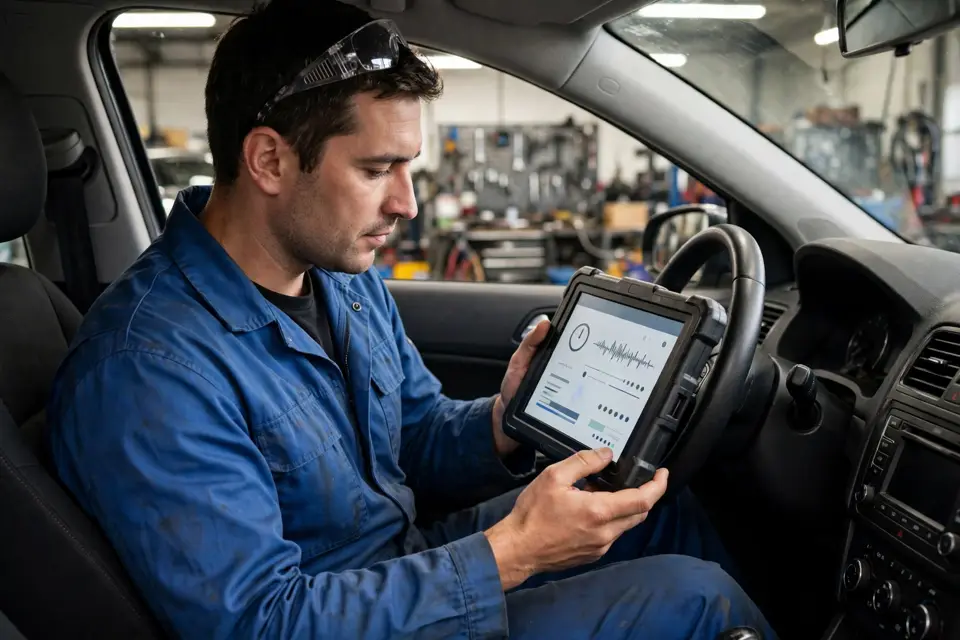 SRS light diagnosis - mechanic scanning a car airbag system with a diagnostic tool