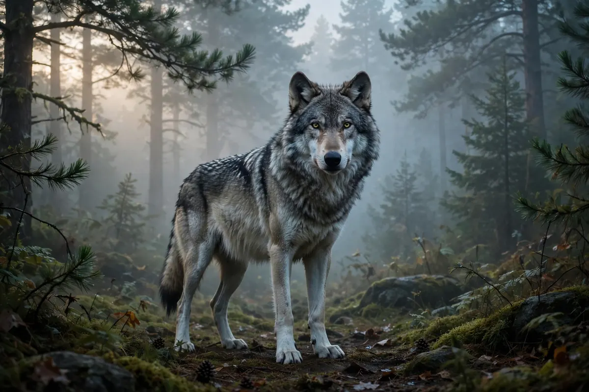 Therian meaning - wolf in misty forest representing theriotype animal identity