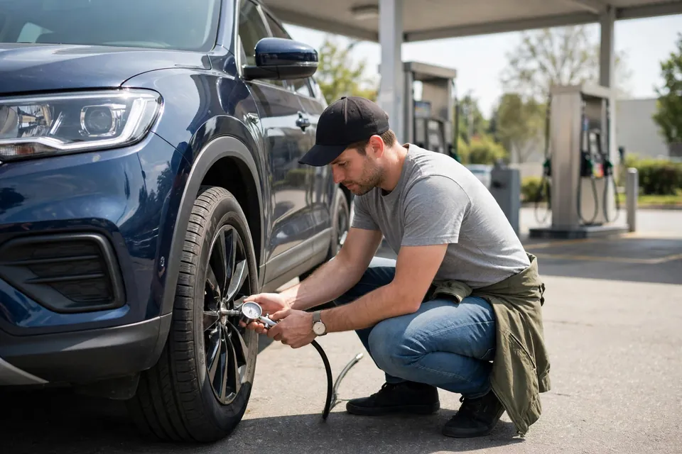 TPMS meaning - checking tire pressure with a gauge at a service station