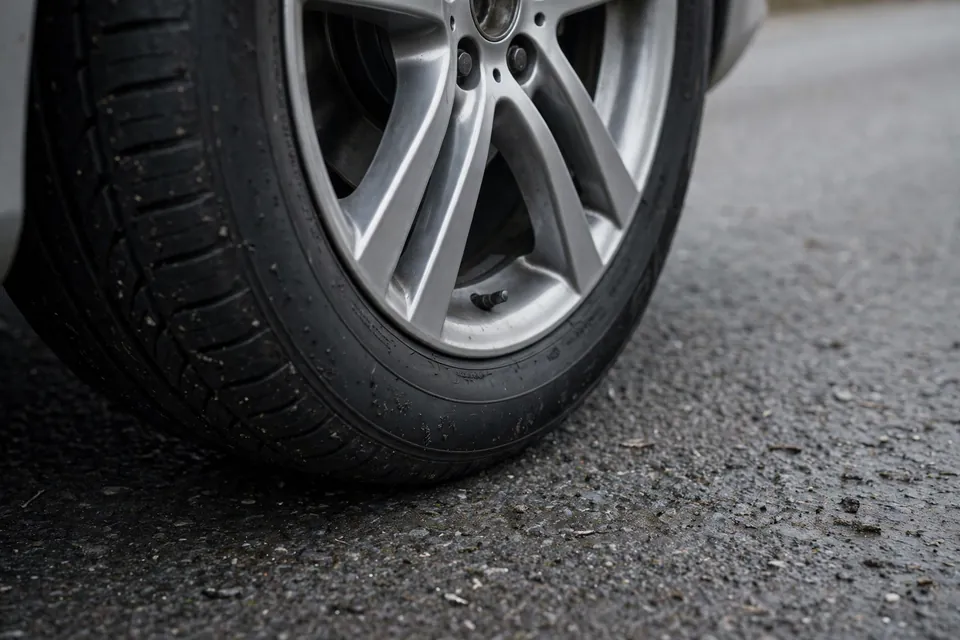 TPMS meaning - close-up of a car tire and wheel on an asphalt road