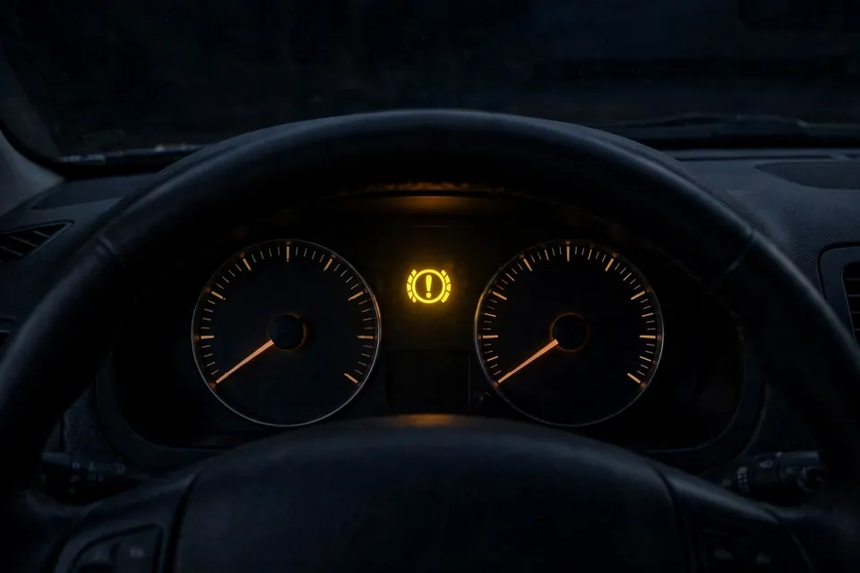 TPMS meaning - car dashboard with a tire pressure warning light illuminated