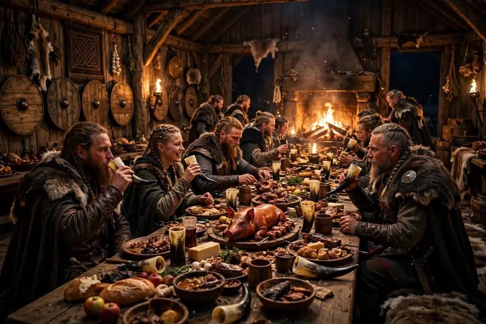 Einherjar feast - warriors feasting at long tables in Valhalla at night