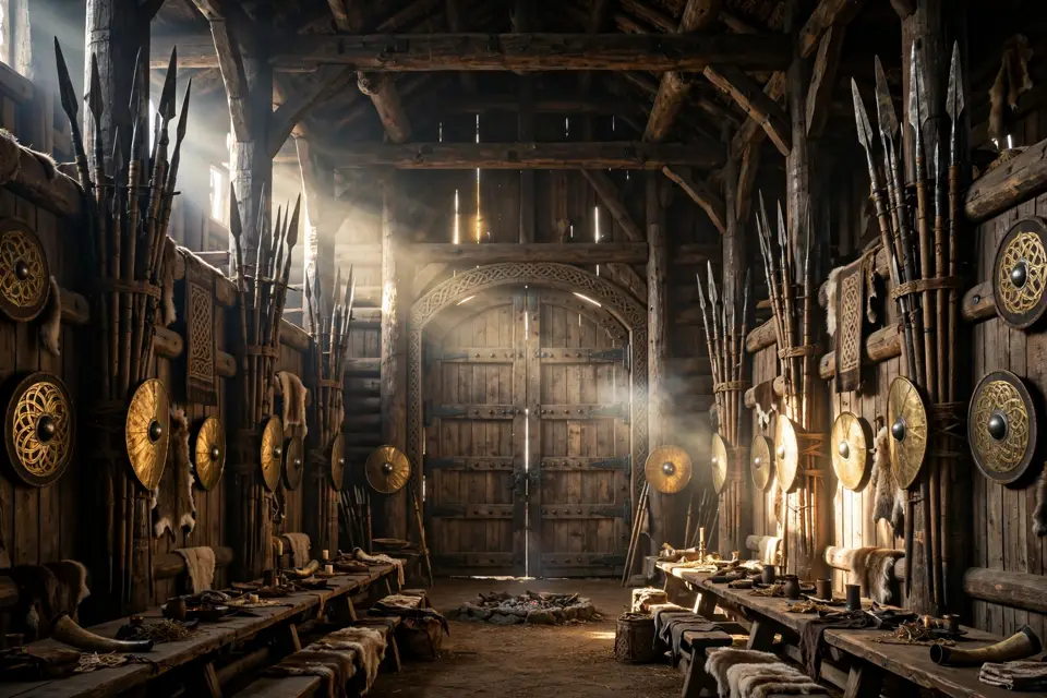 Valhalla doors - vast hall thatched with golden shields and framed with spears