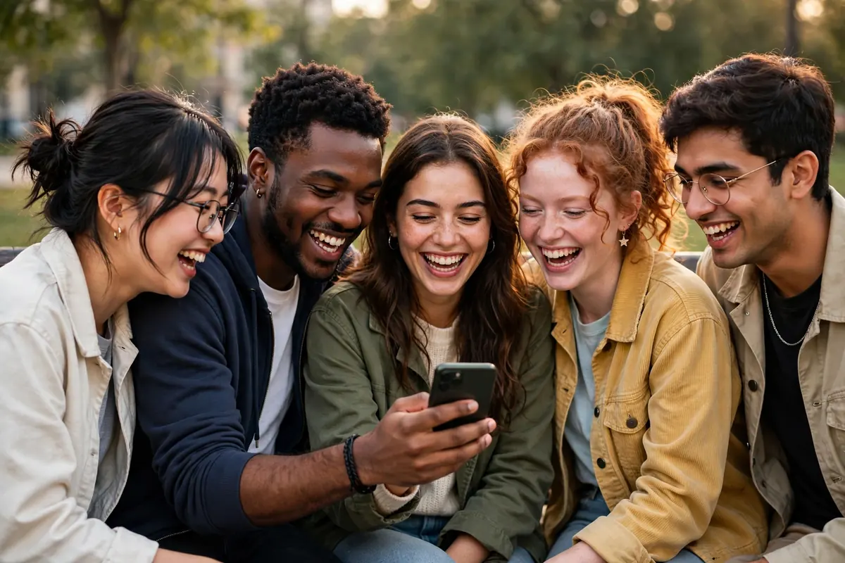 WSP meaning friends - young friends texting and laughing together