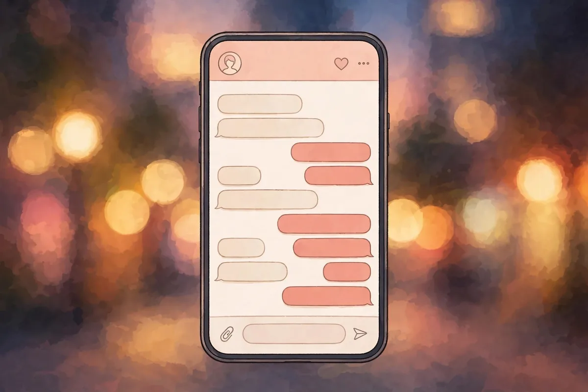 WYF meaning on dating apps - illustration of smartphone with dating app chat showing WYF message