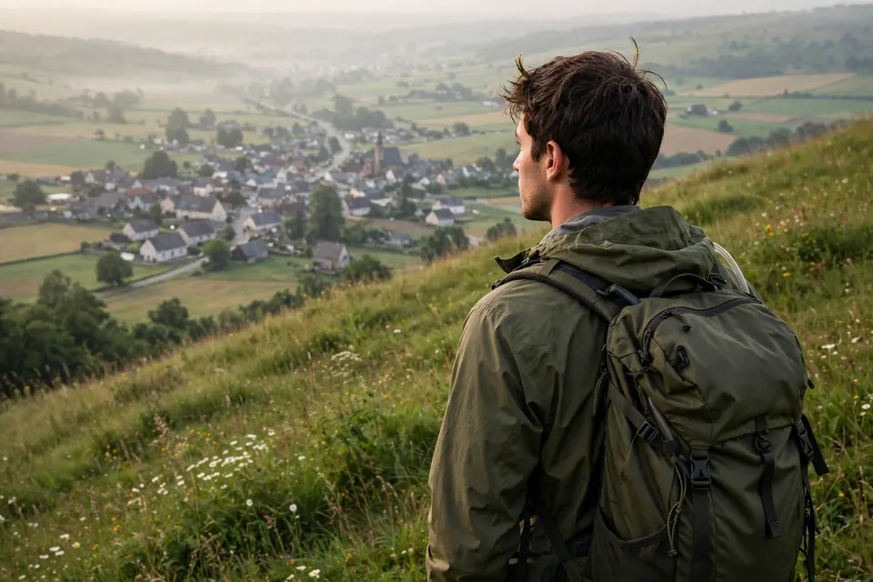 Yearn meaning - traveller looking back toward a distant hometown from a hill