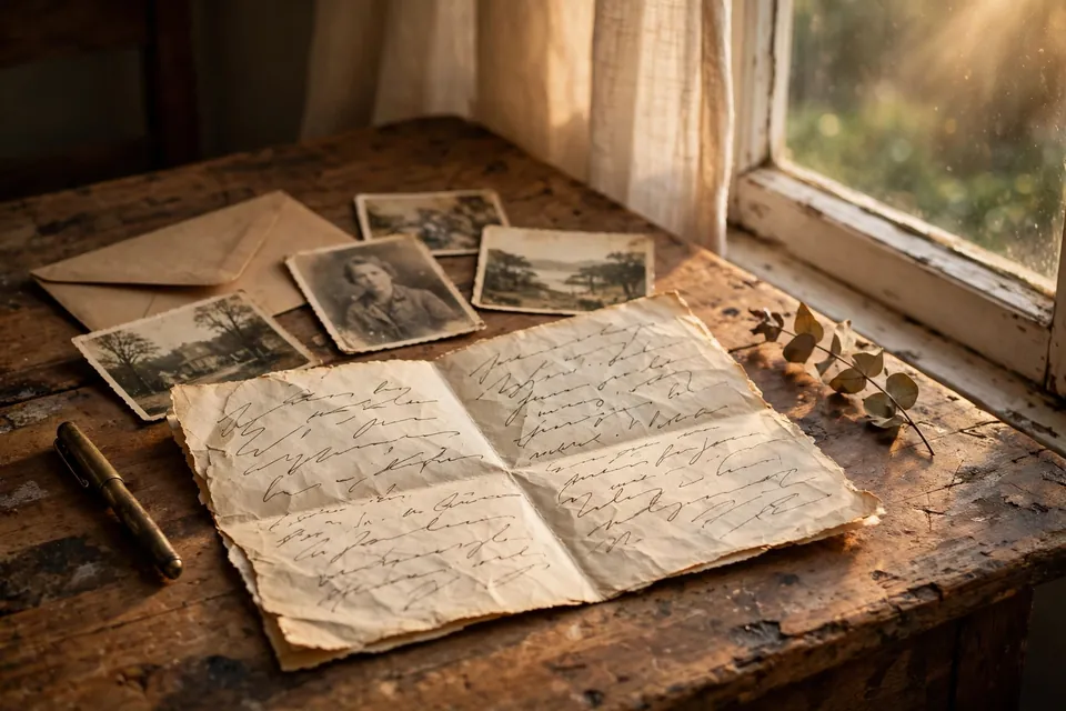 Yearn meaning - an open handwritten letter and old photographs on a wooden desk by a window