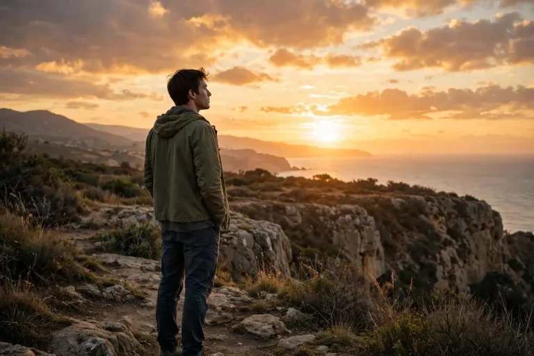 Yearn meaning - a person gazing wistfully toward a distant horizon at sunset