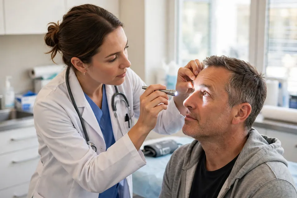 Yellow eyes meaning - eye examination with a doctor checking the whites of the eyes