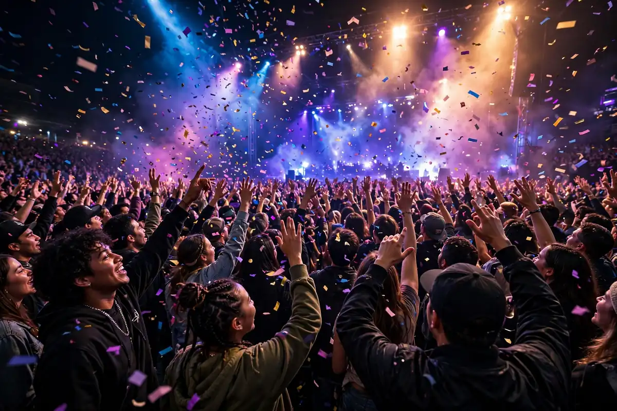 YOLO meaning Drake - concert crowd with stage lights representing hip hop culture